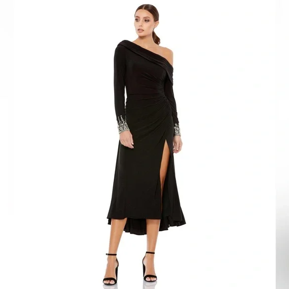 Mac Duggal Women's leena Foldover Long Sleeve Jeweled Midi Dress - Picture 1 of 14